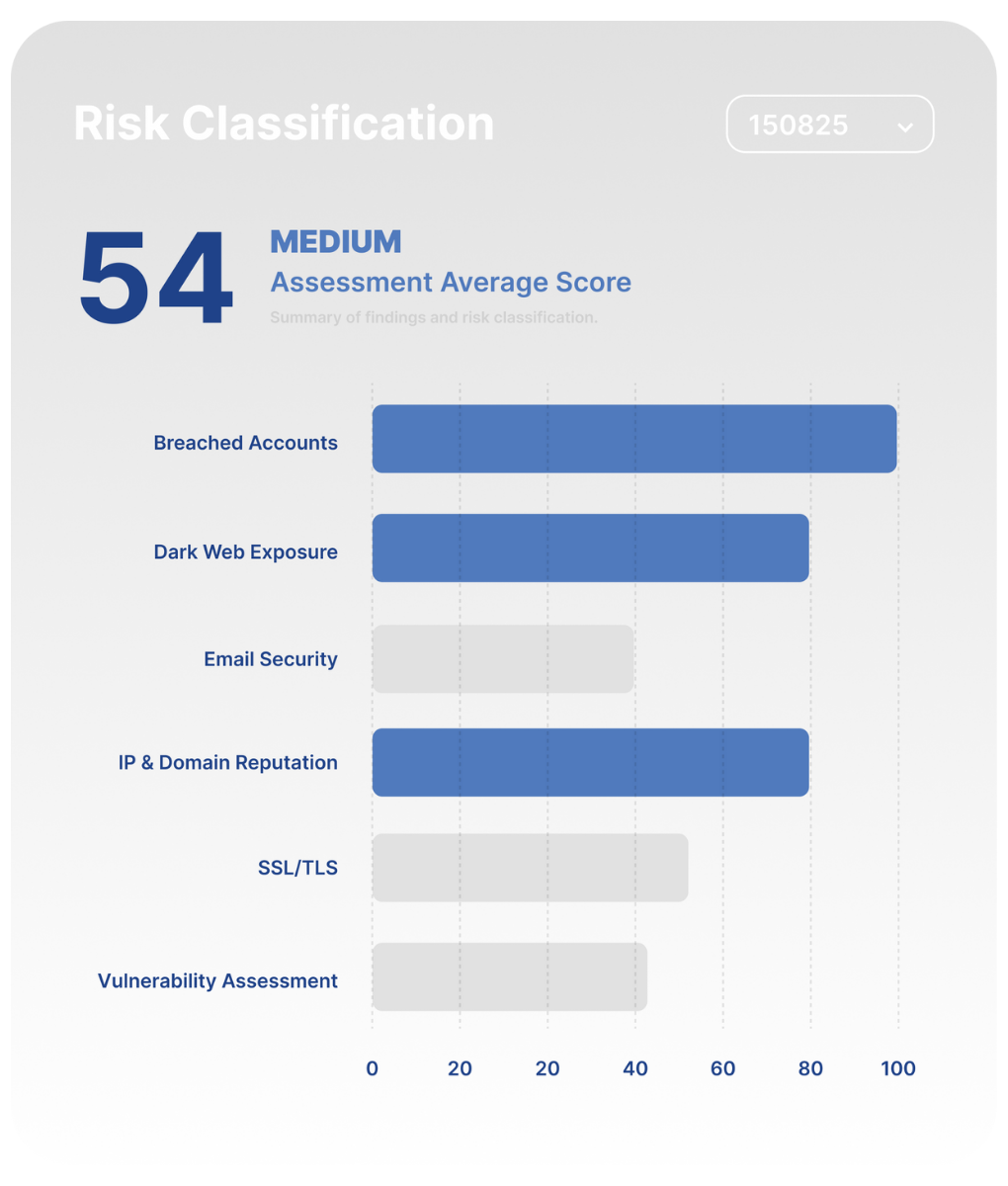 A See.Tech risk classification dashboard showing category scores including breached accounts and dark web exposure